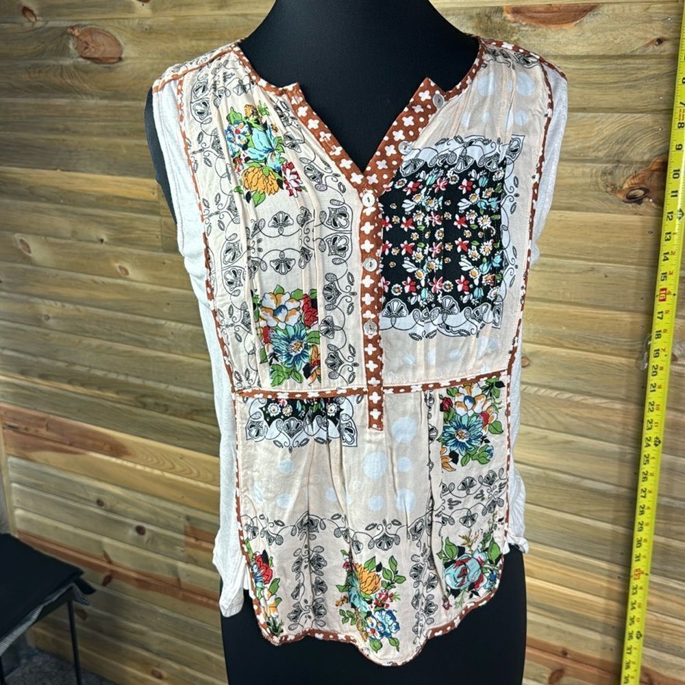 Tiny White And Green And Brown Multi Pattern Tank Top Size S 1442